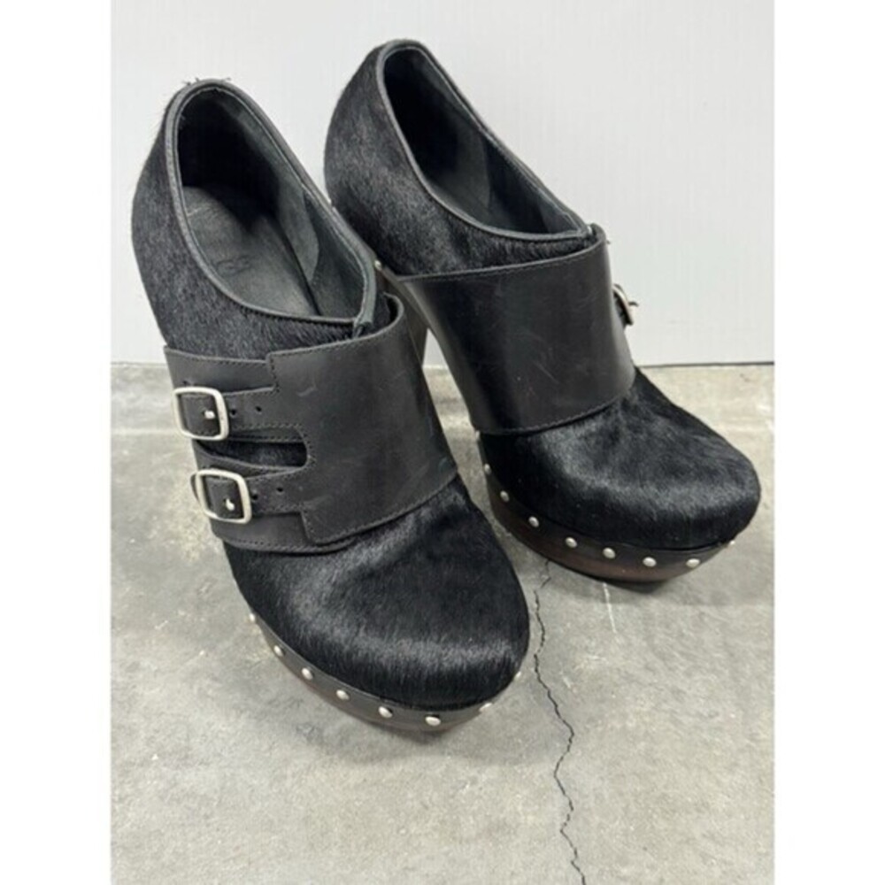 UGG Illana Black Pony Hair Platform High Heel Studded Sherpa Booties Heels   8.5
